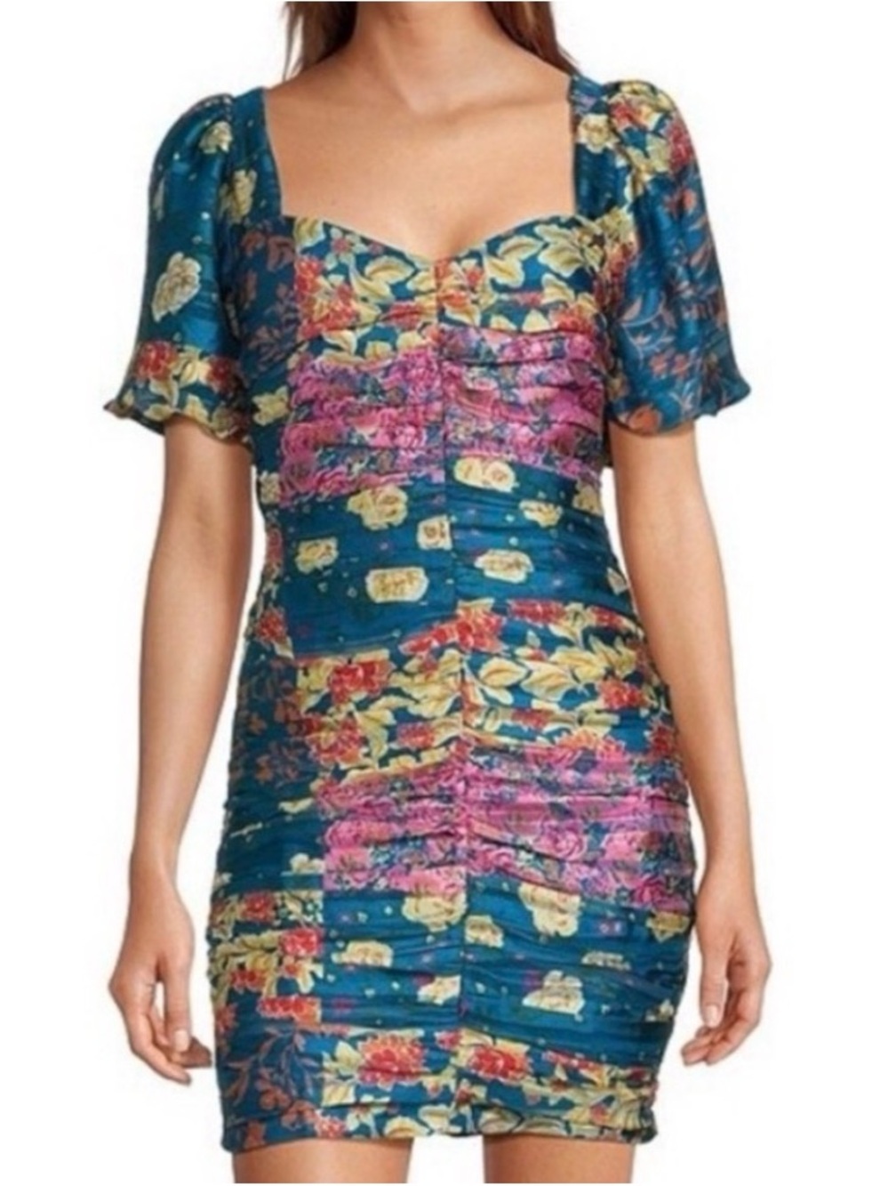 Adelyn Rae Teal Floral Ruched Mini Dress with Pink & Yellow Accents